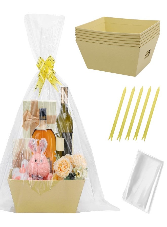 Beeplove 6 Sets Large Thick Kraft Baskets for Gifts Empty - Gift Baskets Empty Kit with Cellophane Wrap and Pull Bows for Valentine's Day Wedding Birthday Bridesmaid Baby Shower, Yellow - Image 1